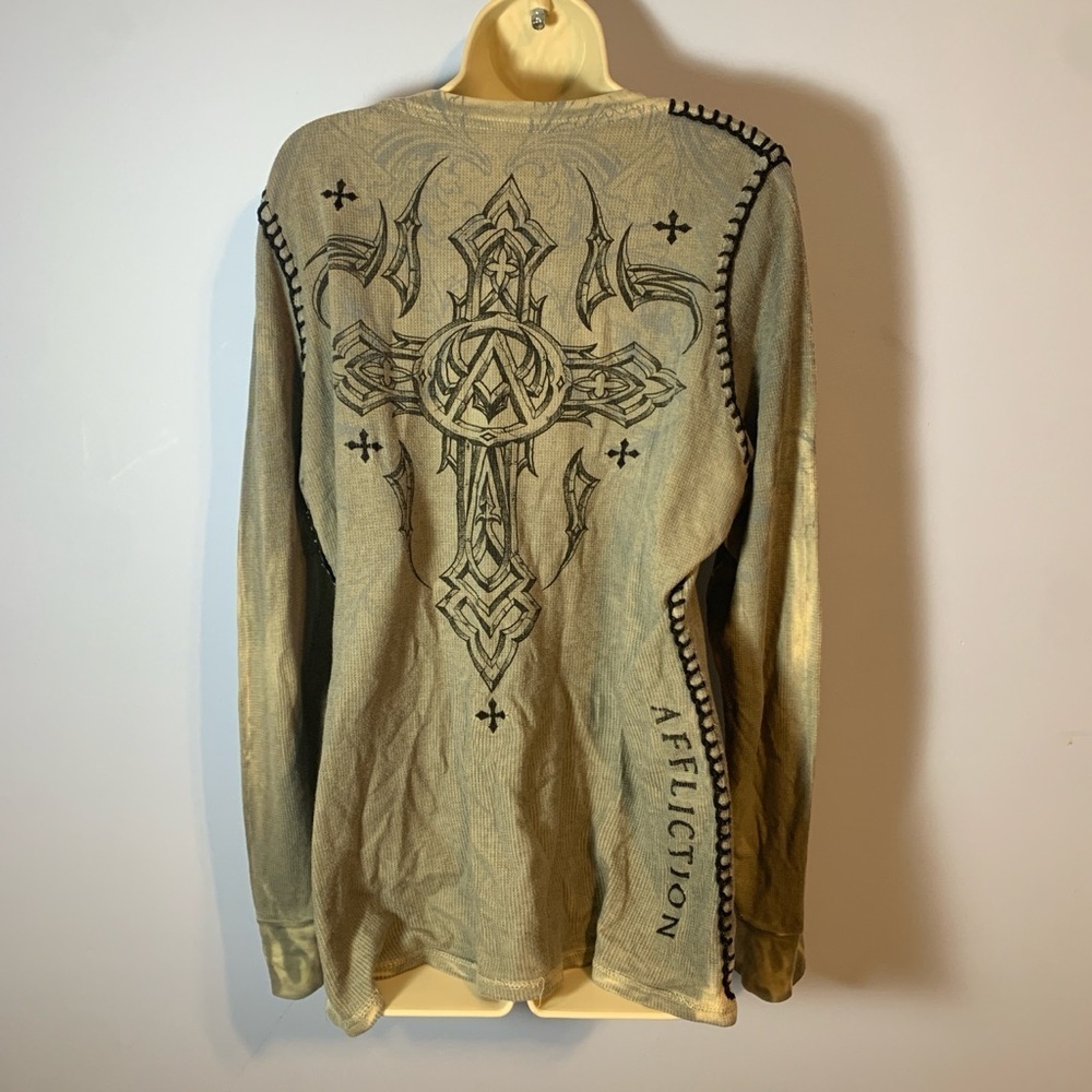 Affliction v neck waffle thermal long sleeve tee XL grey black cross stitching - Picture 3 of 6
